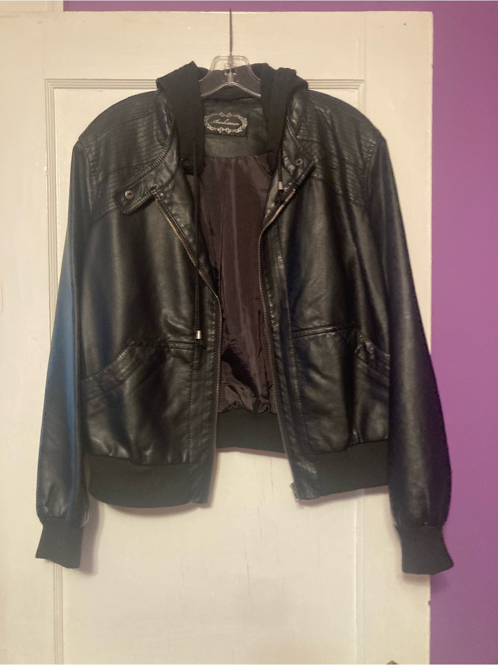 Men's Black Faux Leather Bomber Jacket with Removable Hoodie